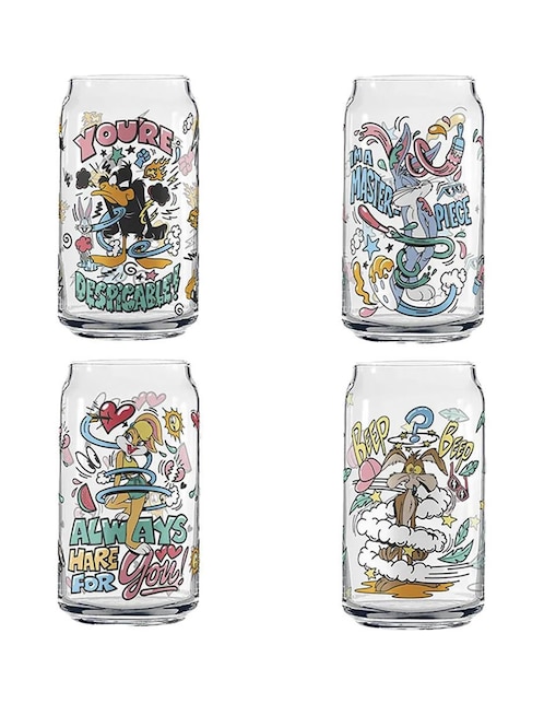 Vaso para agua Geek Industry Looney Tunes 90´s de vidrio con 4 piezas