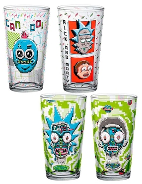 Vaso Para Agua Geek Industry Rick Y Morty 16 Bits De Vidrio Con 4 Piezas